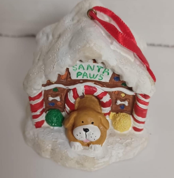 Other - VINTAGE PAPEL SANTA PAWS IN CHRISTMAS DOGHOUSE RESIN CHRISTMAS ORNAMENT CUTE